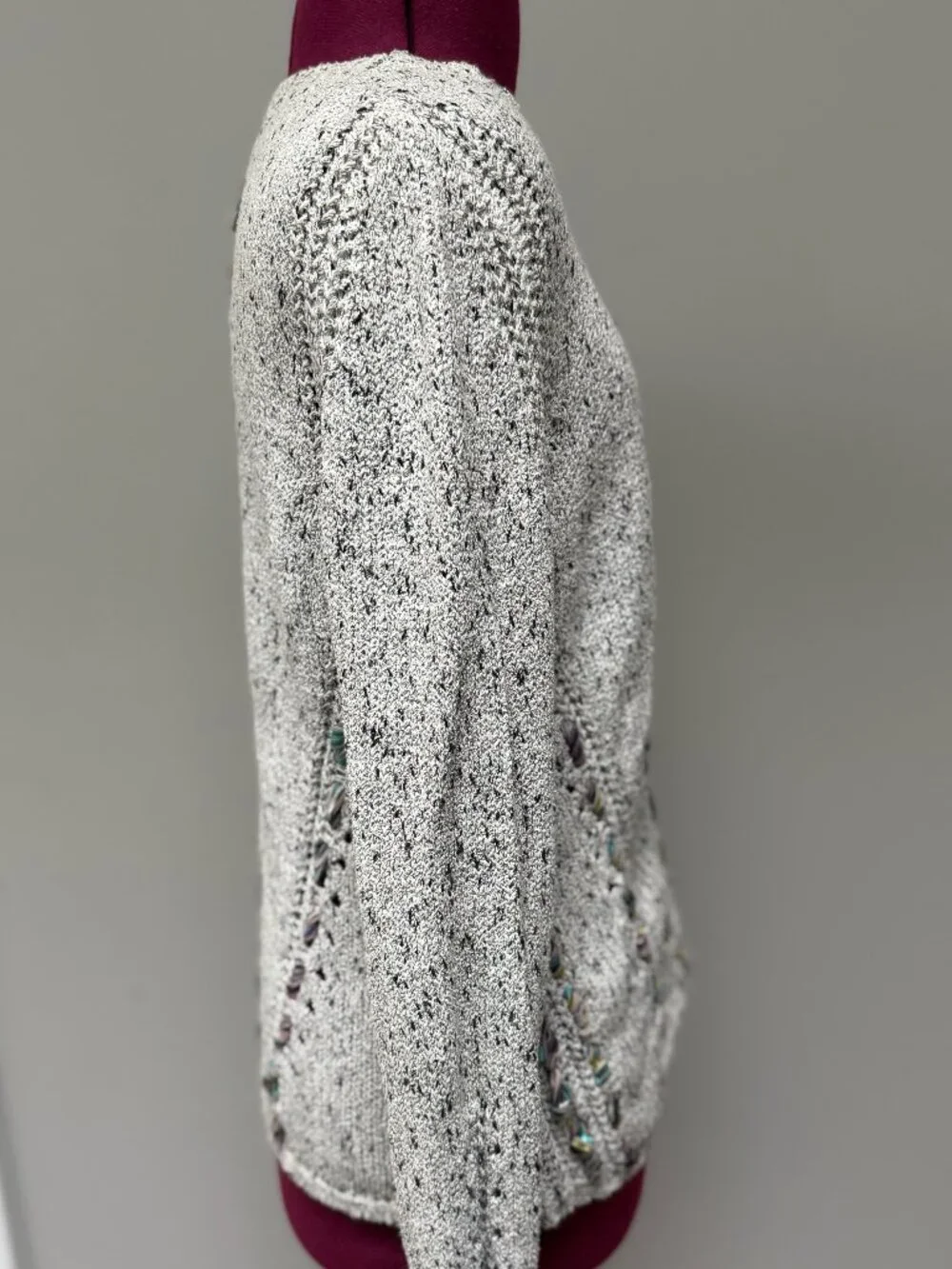 Knitted & Knotted Open Weave Zippered Cotton Cardigan with Ribbon Detail Size S